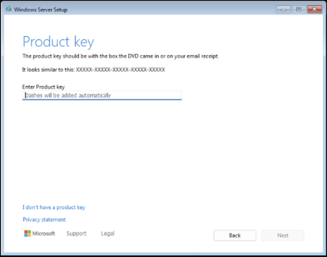 Enter your Windows Server 2025 Standard product key