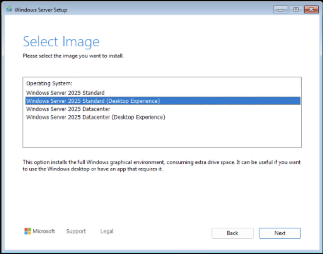 Choose Windows Server 2025 Datacenter (Desktop Experience)