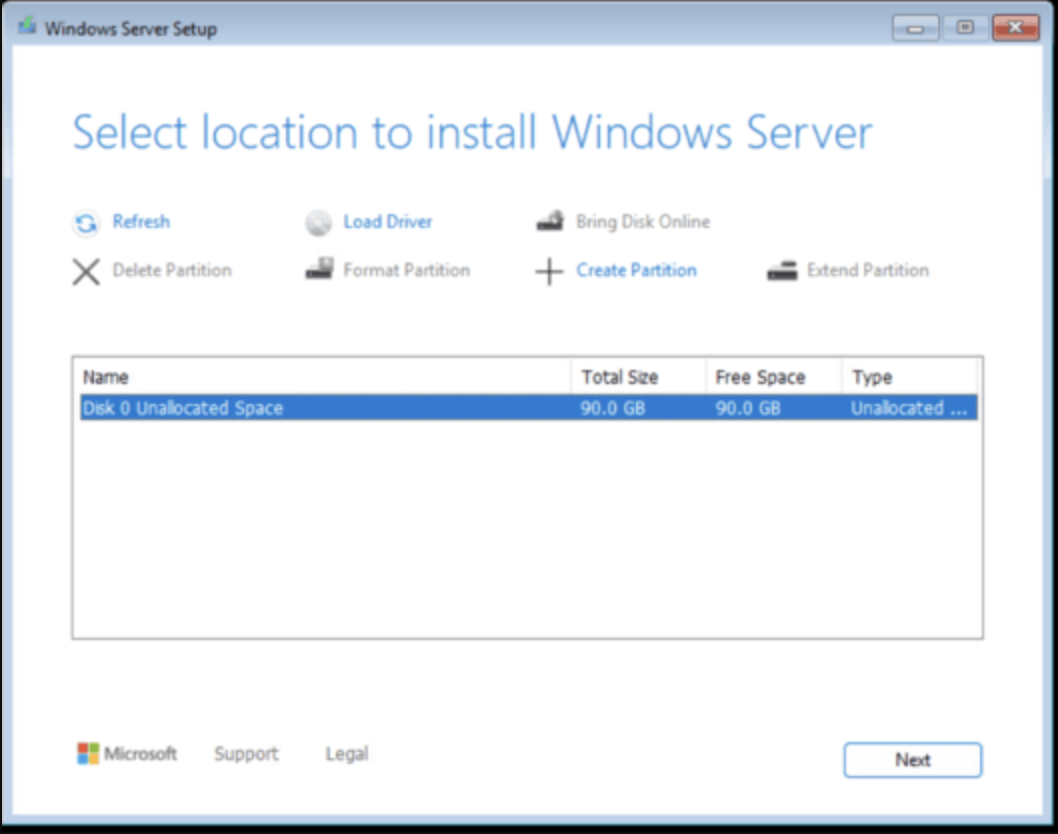 Select disk location for Windows Server 2025 installation