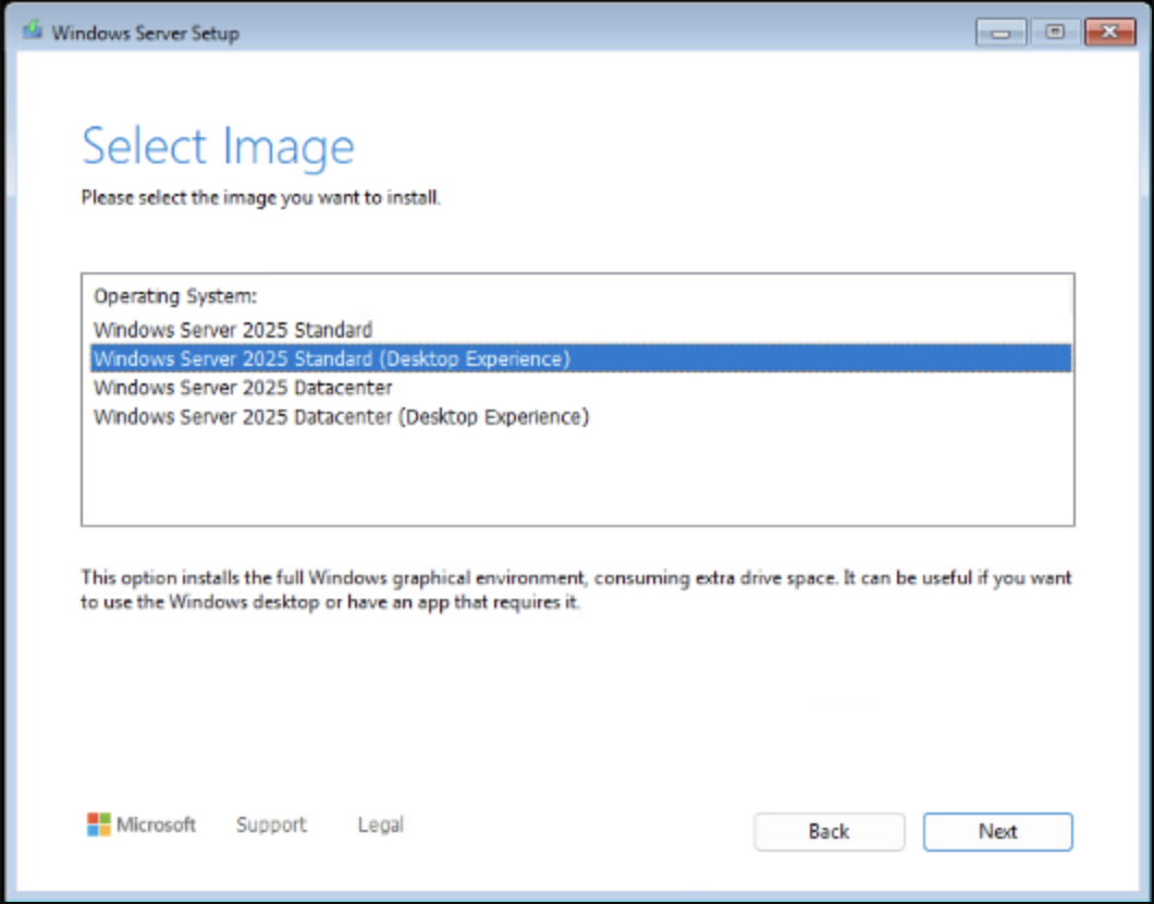 Select Windows Server 2025 Standard (Desktop Experience)