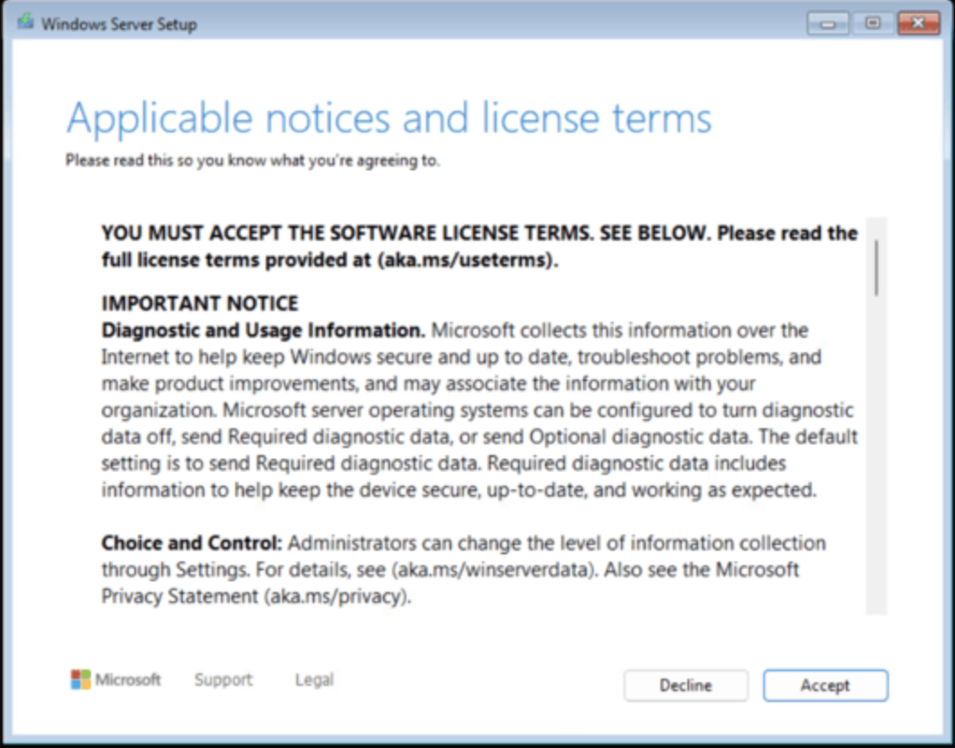 Accept the Windows Server 2025 licence terms