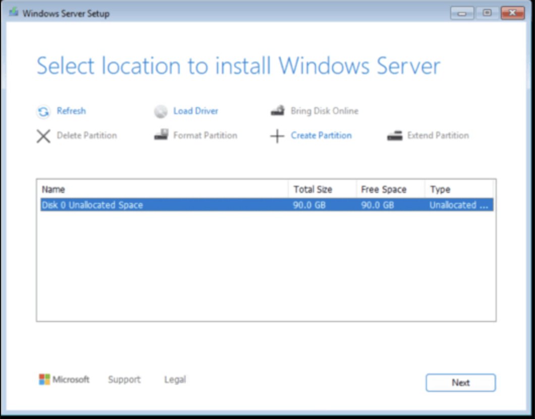 Select disk location for Windows Server 2025 Standard