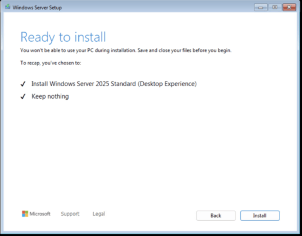Windows Server 2025 Standard installation in progress