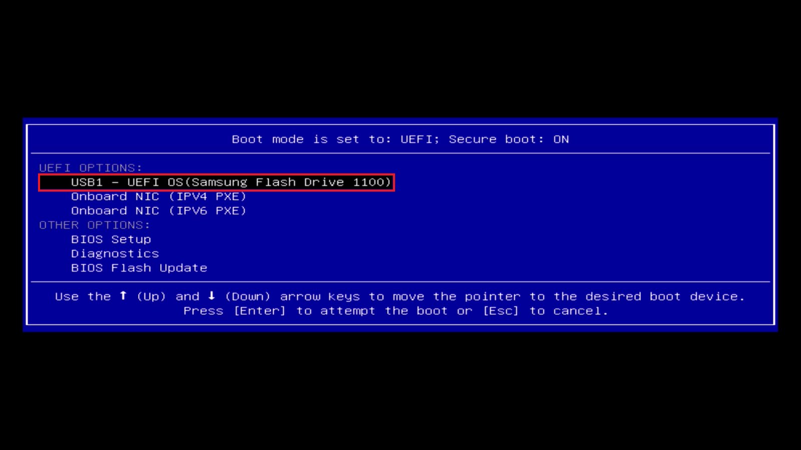 PC one-time boot menu showing the UEFI USB flash drive entry highlighted