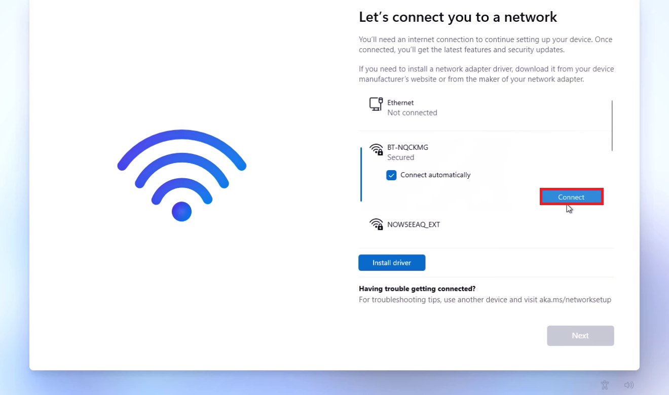 Windows 11 first-time setup screen Lets connect you to a network showing available Wi-Fi networks
