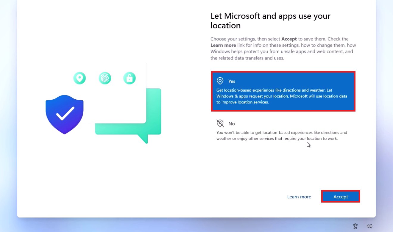 Windows 11 first-time setup privacy settings screen asking whether to let Microsoft and apps use your location