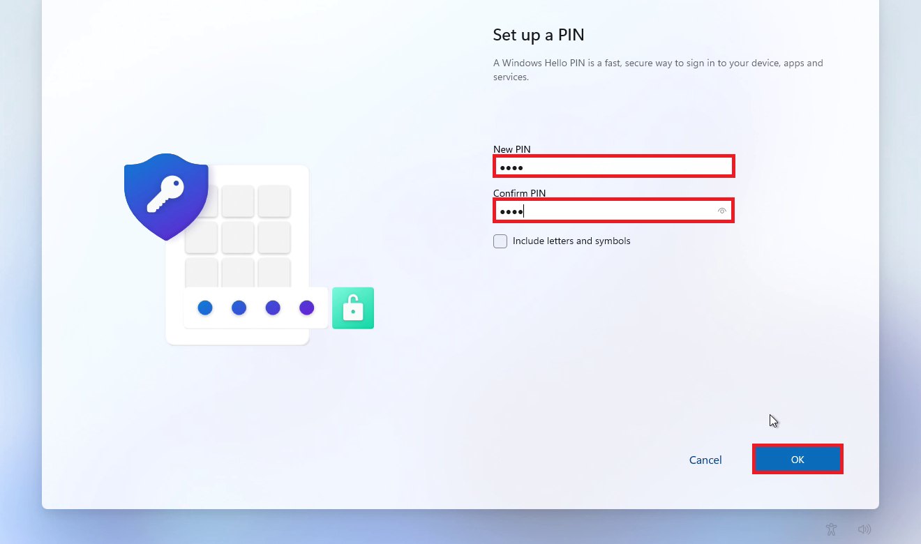 Windows 11 first-time setup screen Set up a PIN with New PIN and Confirm PIN boxes