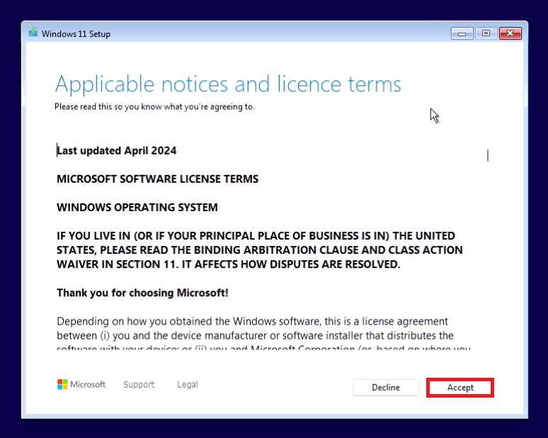 Windows 11 Setup screen: Applicable notices and license terms with the Accept button