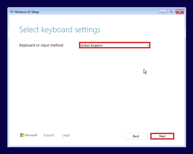Windows 11 Setup screen: Select keyboard settings