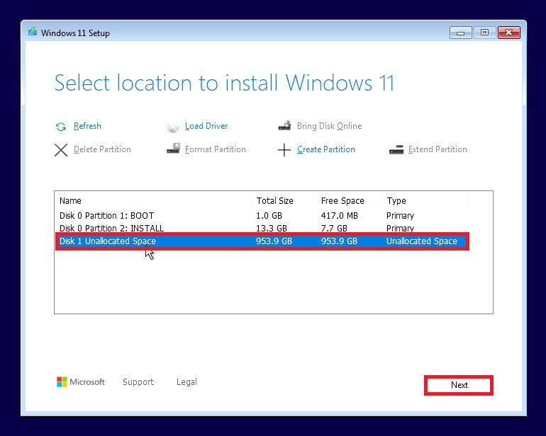 Windows 11 Setup screen: Select location to install Windows 11 showing a drive with unallocated space selected