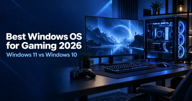 Best Windows OS for gaming 2026: Windows 11 vs Windows 10 featured image with a gaming PC setup