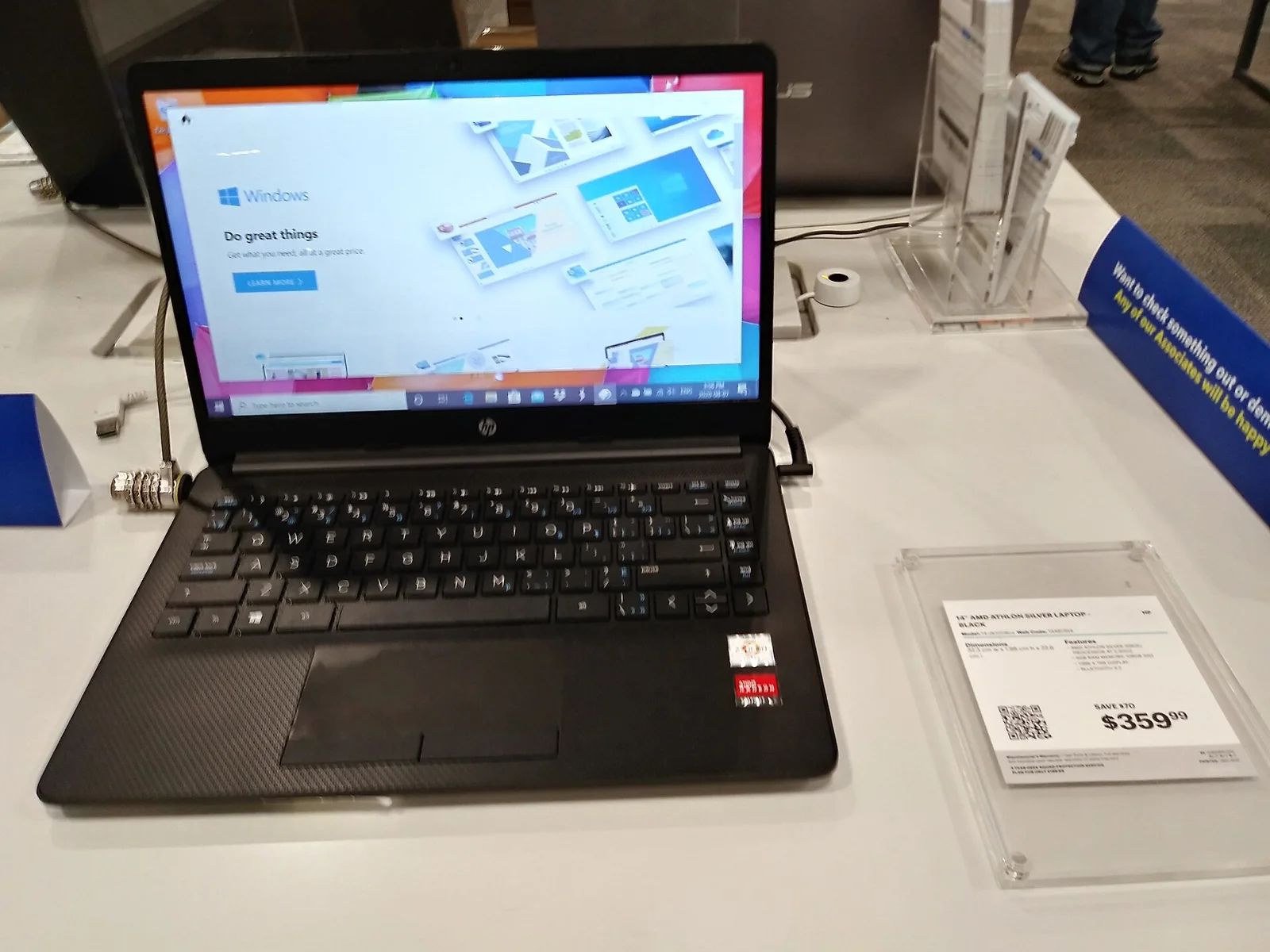 HP laptop running Windows 10 on display at a Best Buy store in Edmonton, Canada