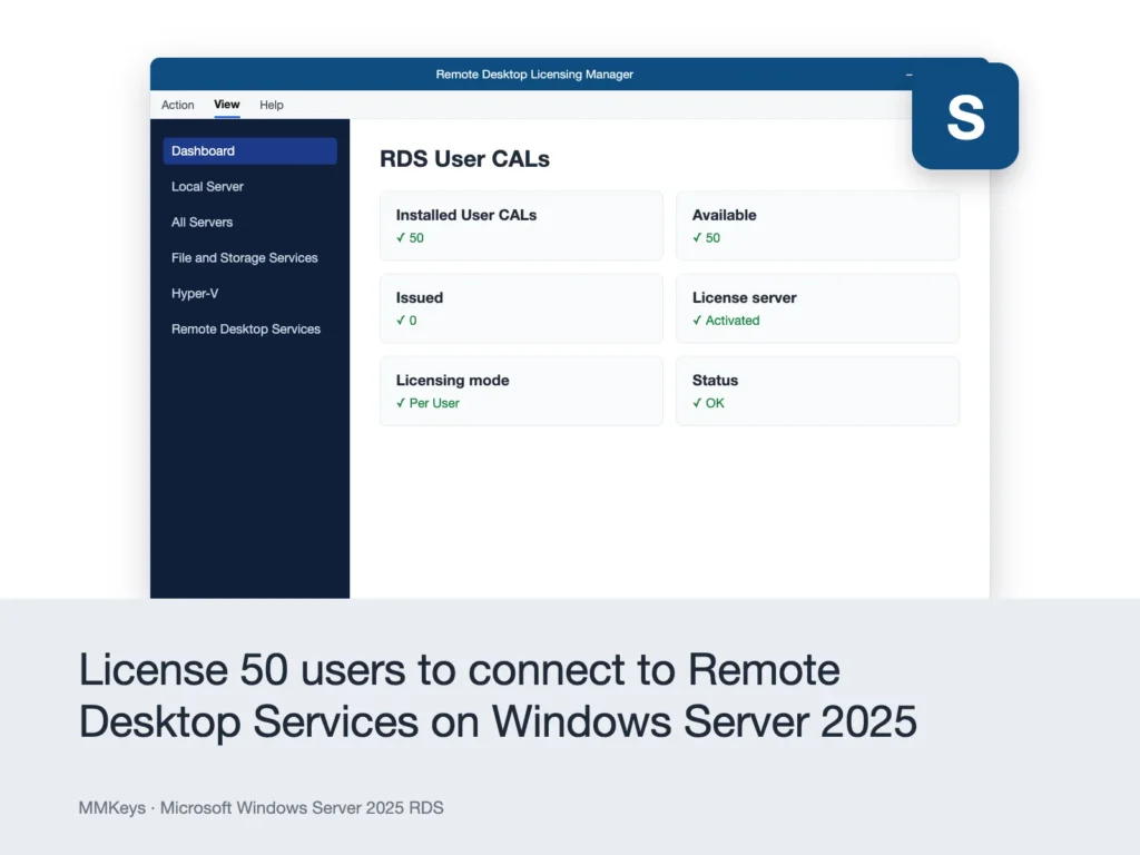 Microsoft Windows Server 2025 RDS – License 50 users to connect to Remote Desktop Services on Windows Server 2025